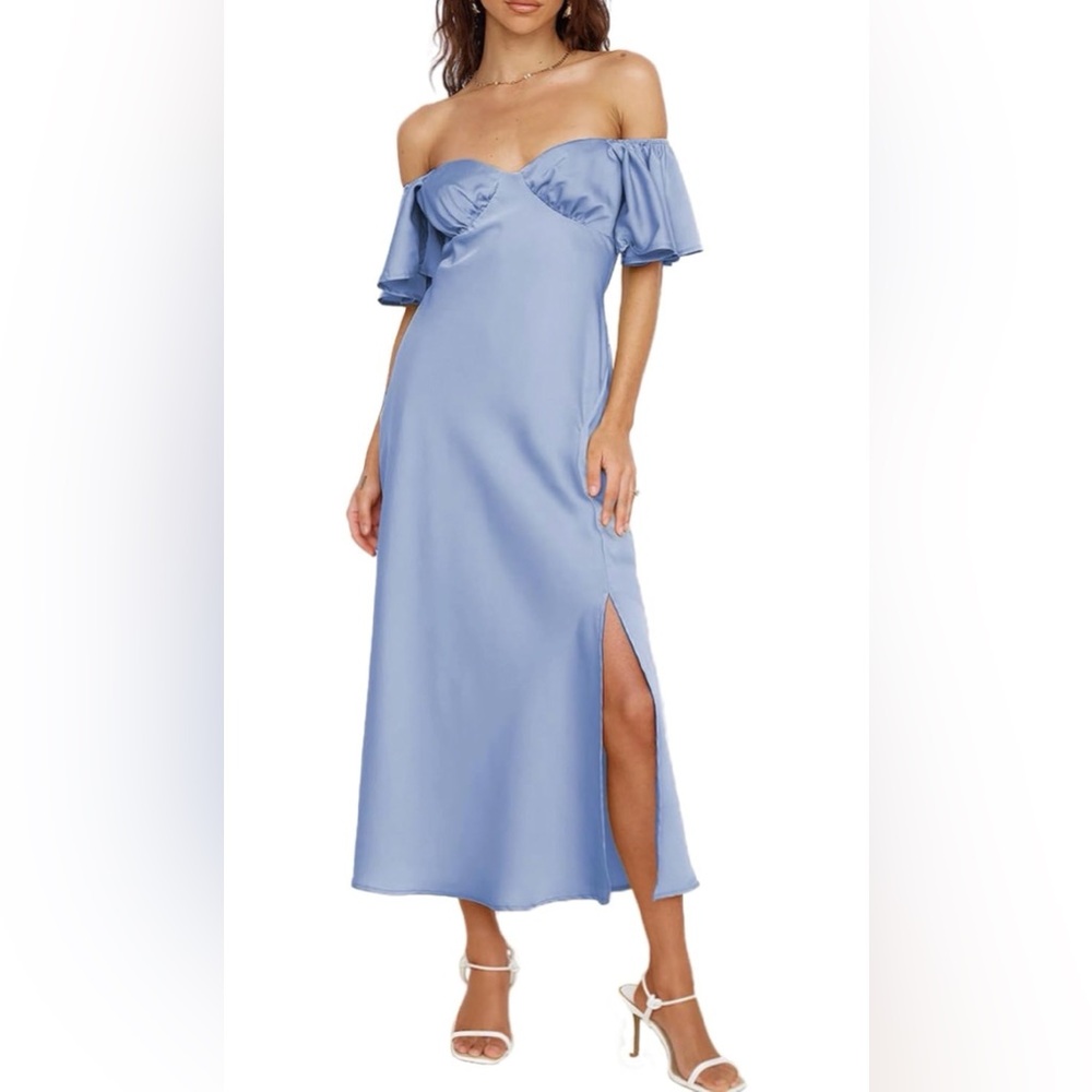 Satin Off Shoulder Formal Wedding Elegant Butterfly Sleeve Split Cocktail Dress